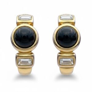 Vintage Black Cabochon Rhinestone Clip Earrings Gold Hoop Earrings Minimalist